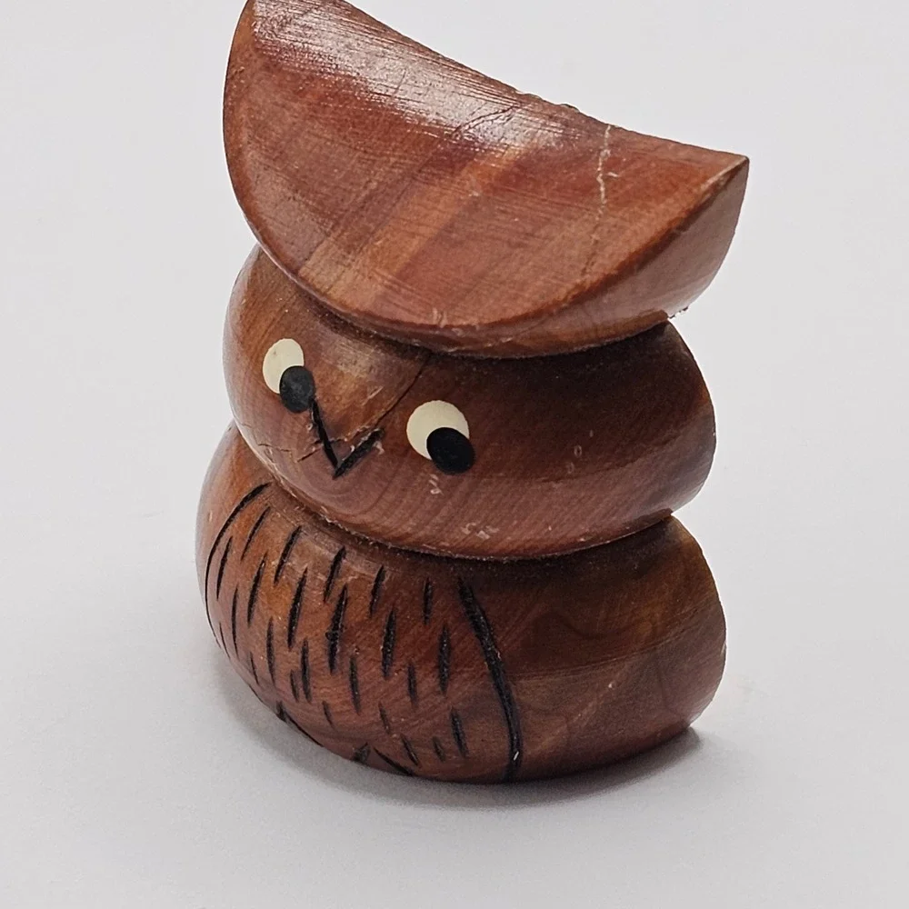 Hand Carved Wooden Owl Brooch Pin Figural Rustic Novelty Nature Forest Twee Cute